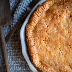 Overhead picture of sourdough discard pie crust baked over a pie dish.