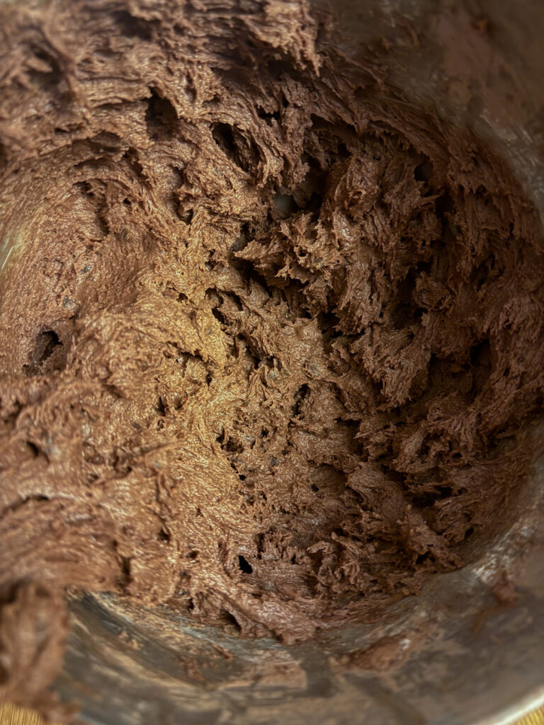 Cookie dough in a mixing bowl for sourdough discard chocolate peanut butter cookies.