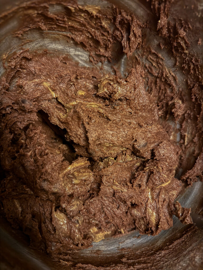 Cookie dough in a mixing bowl for sourdough discard chocolate peanut butter cookies.