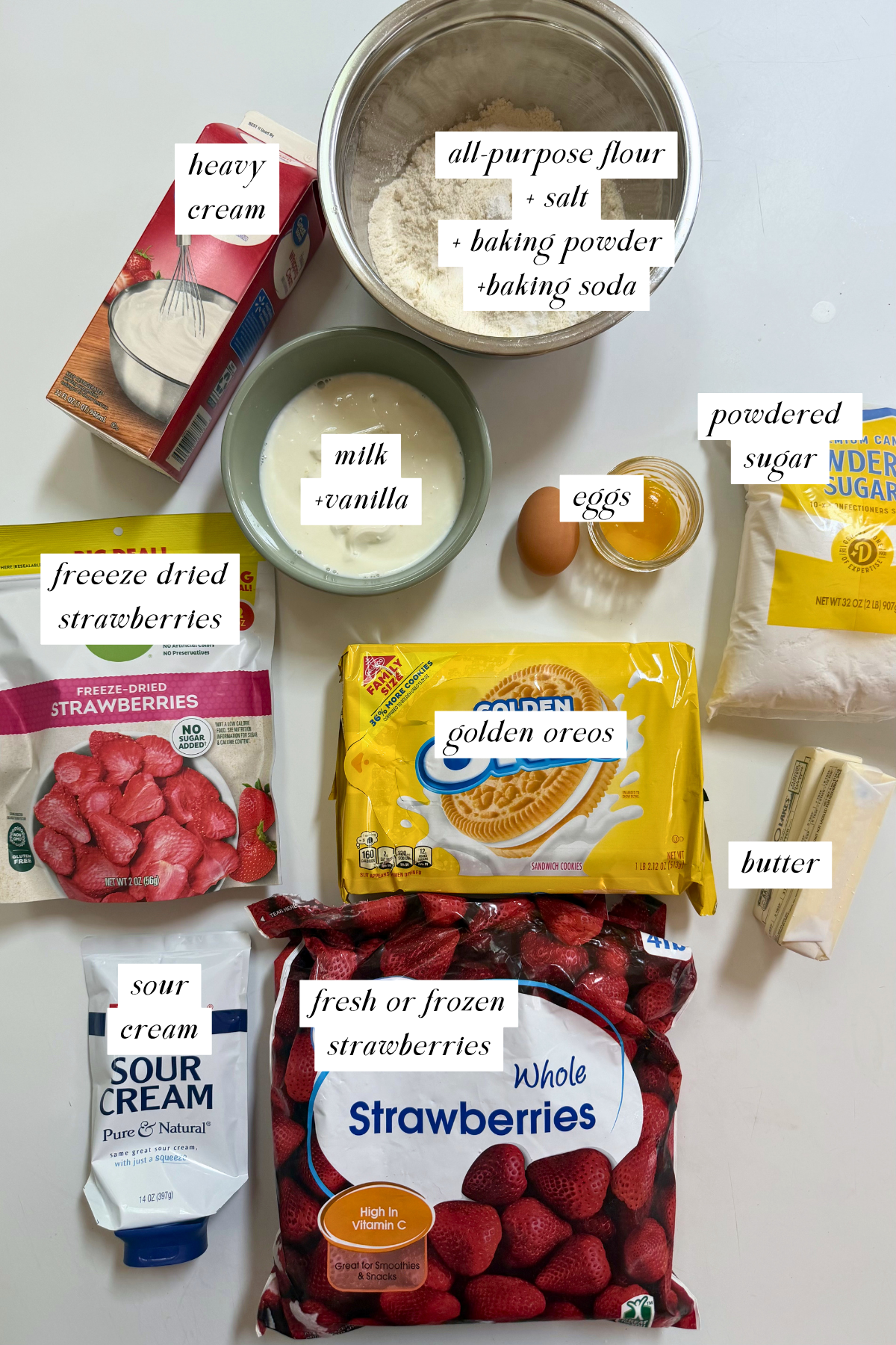 Strawberry crunch cupcakes ingredients with labels.