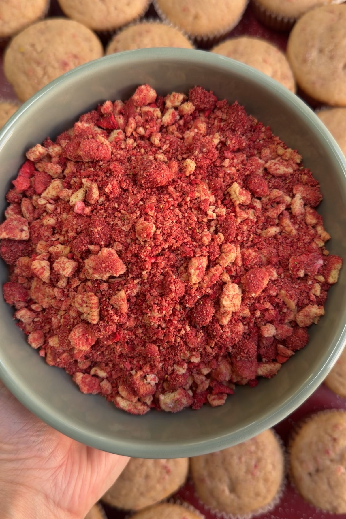 Strawberry crunch topping in a bowl.