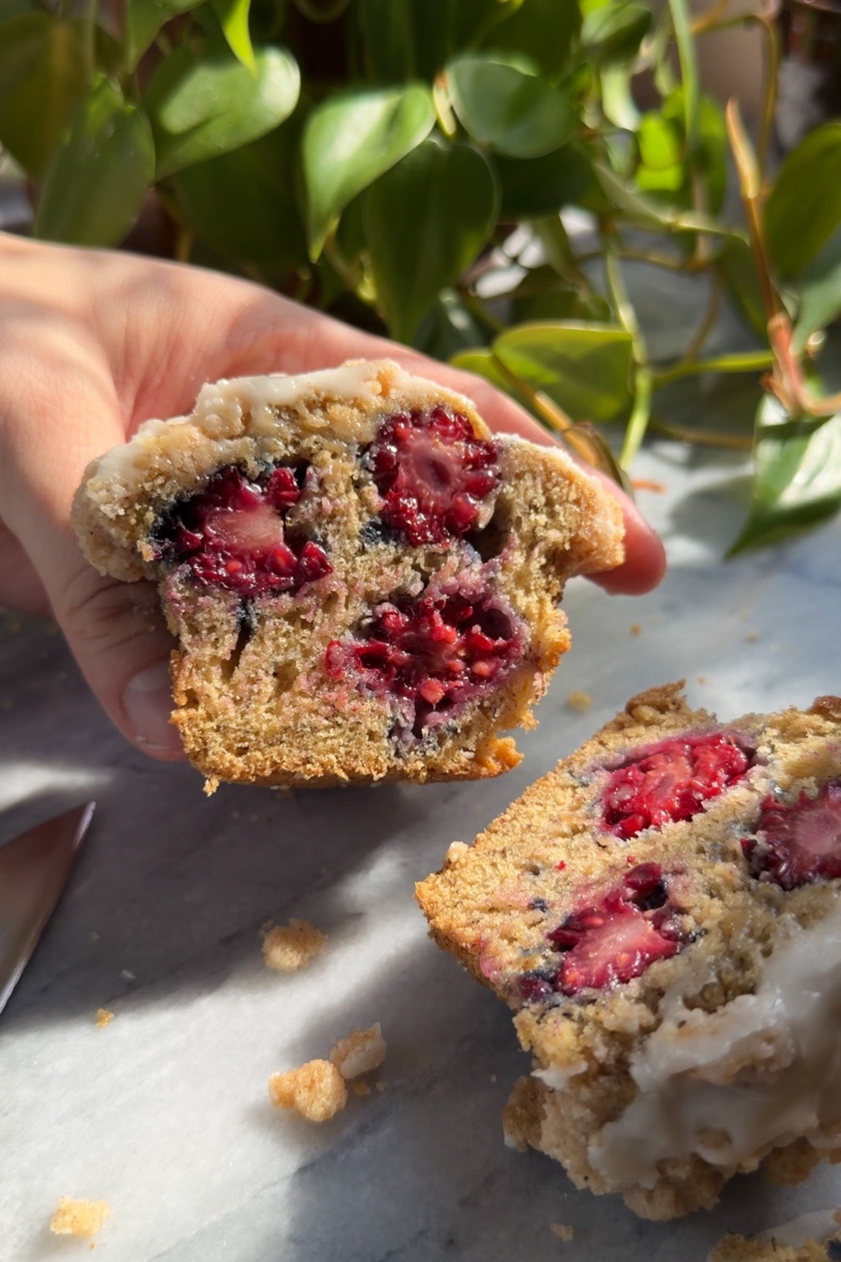 A hand holding a half of a banana blackberry muffin cut in half, showing the berries inside with the other half lying on the counter next to it.