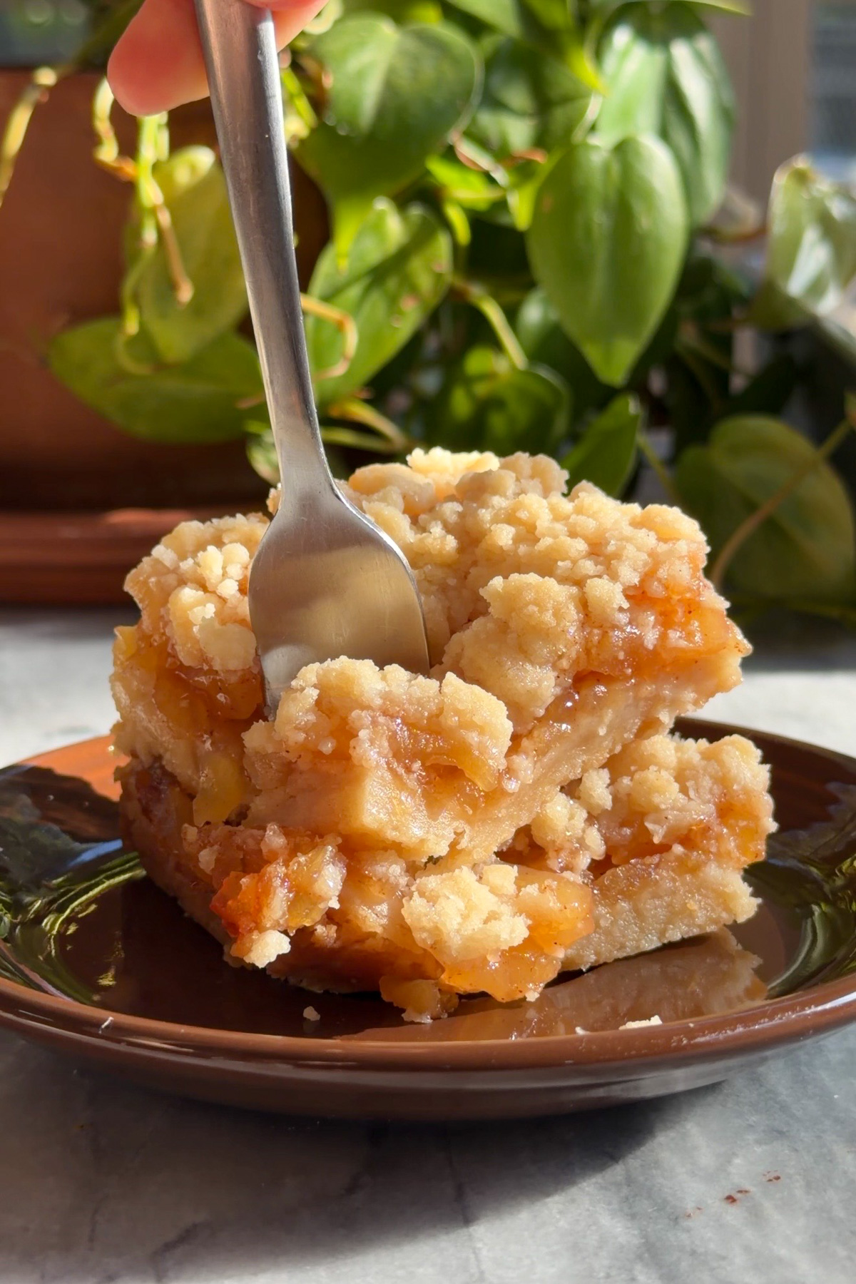 A fork slicing into two stacked apple pie crumb bars on a brown dessert plate in front of a window and plants.
