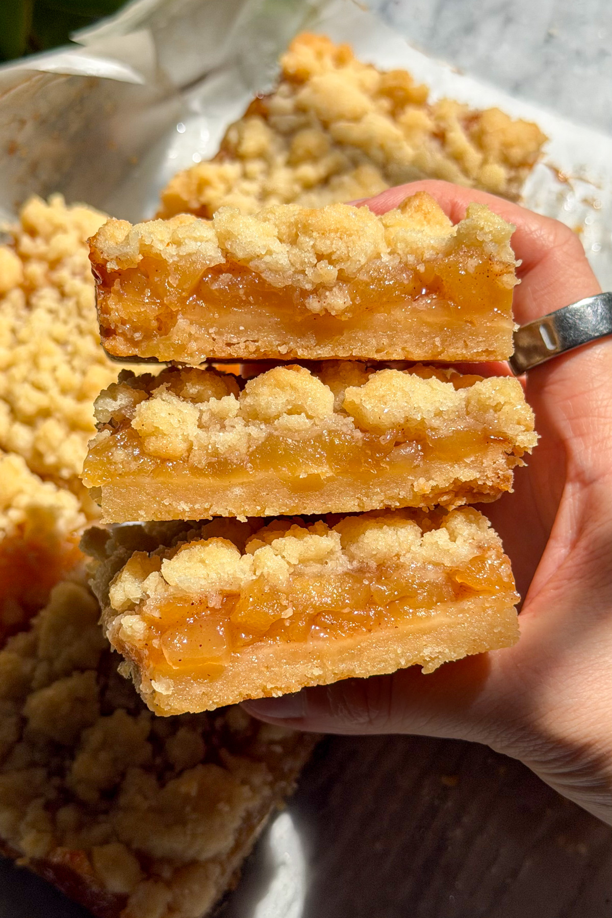 A hand holding three apple pie crumb bar sliced stacked on top of each other to show the crunchy shortbread crust and gooey apple pie layers.