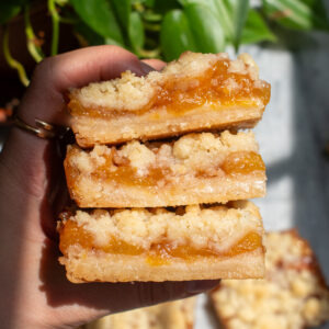 A hand holding three peach crumb bars stacked on top of each other to show the layers.
