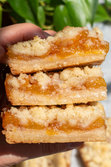 A hand holding three peach crumb bars stacked on top of each other to show the layers.