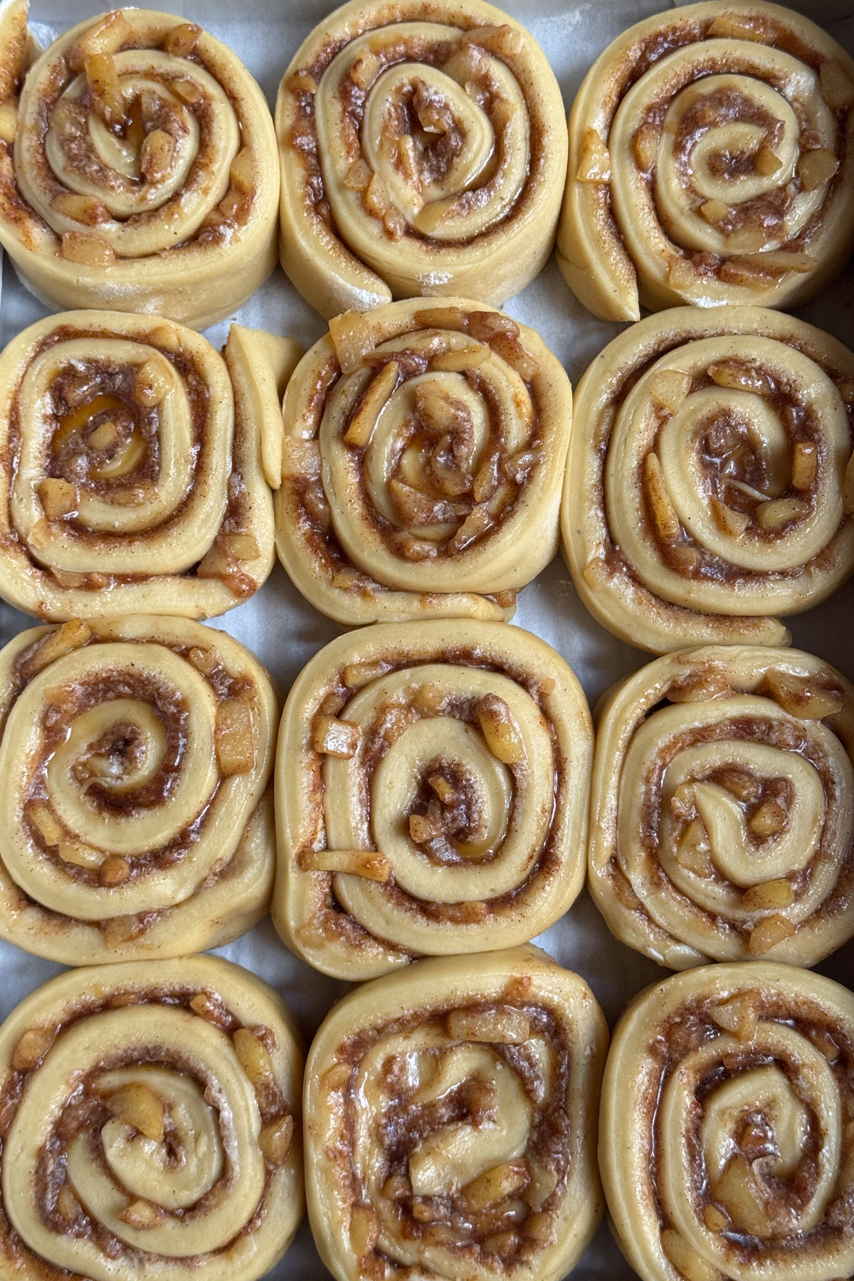 Picture of apple pie cinnamon rolls in a lined baking pan before going in the oven.