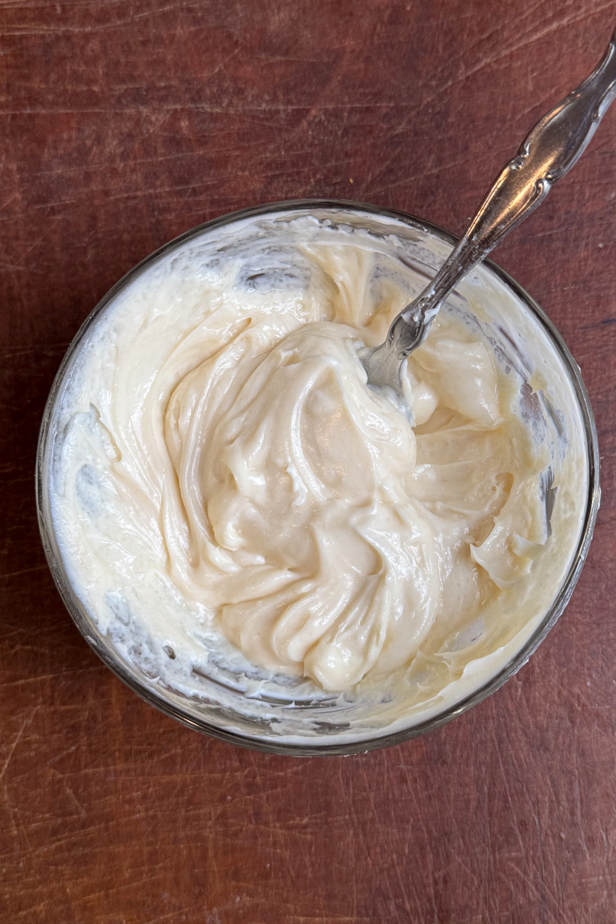 Overhead picture of cream cheese filling needed for sourdough pumpkin cheesecake cookies.