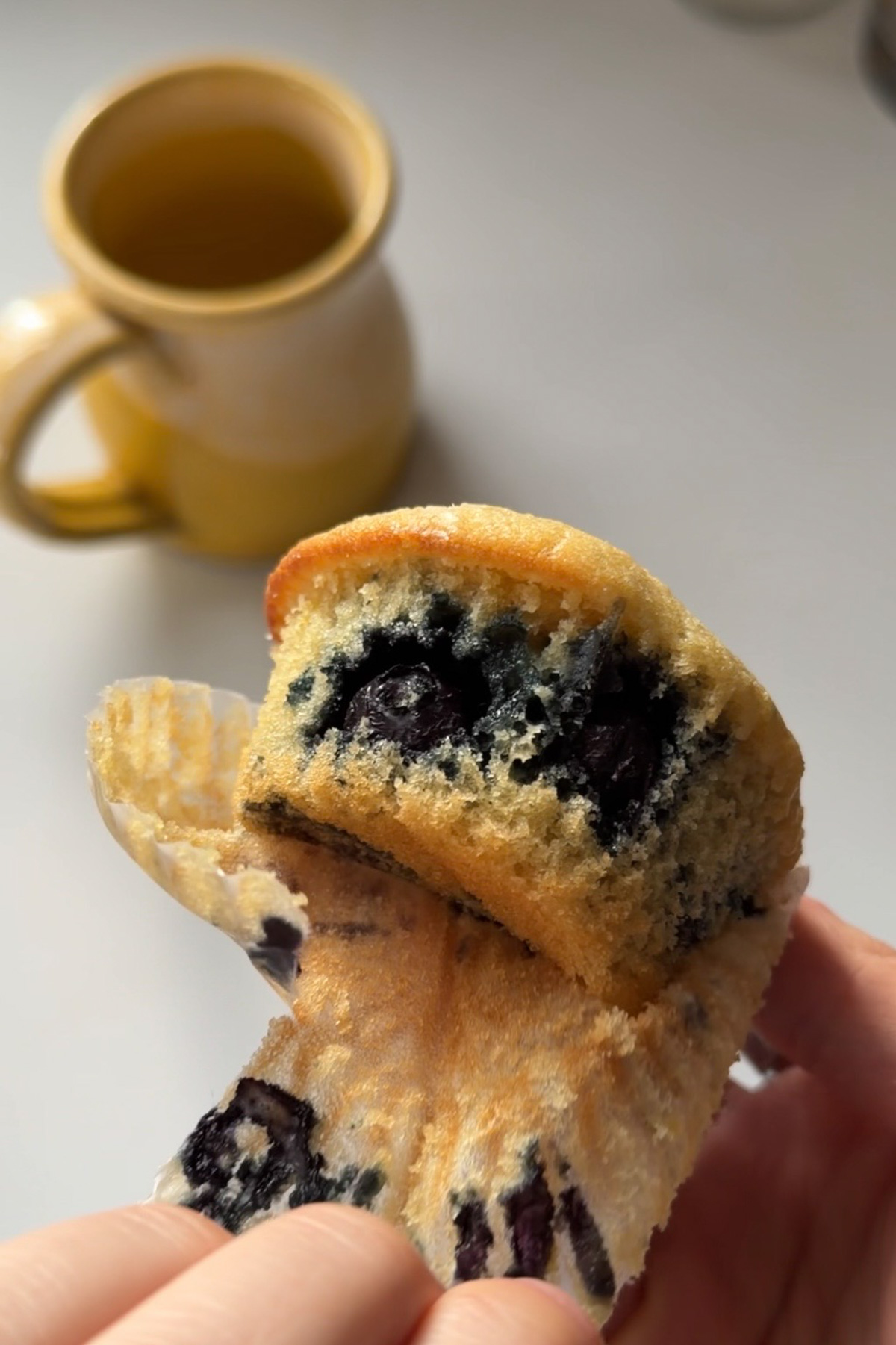 Picture of a hand unwrapping a sourdough blueberry muffin.
