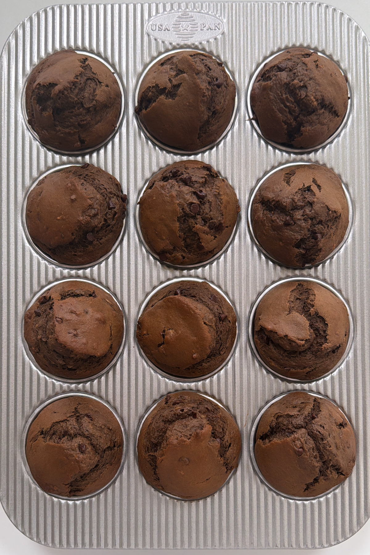 Overhead picture of sourdough chocolate banana muffins in a 12-muffin pan after baking