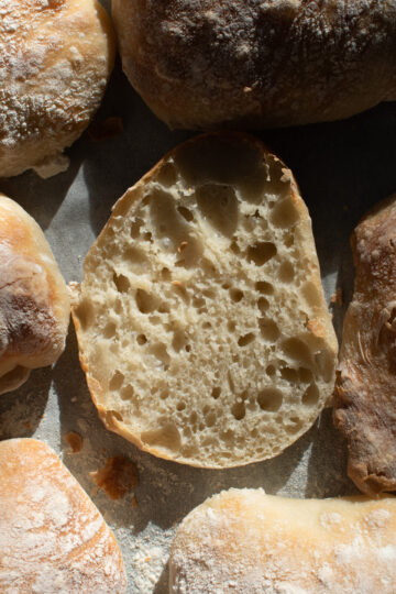 picture of a sourdough discard ciabatta roll cut in half surrounded by other rolls on a lined baking sheet.