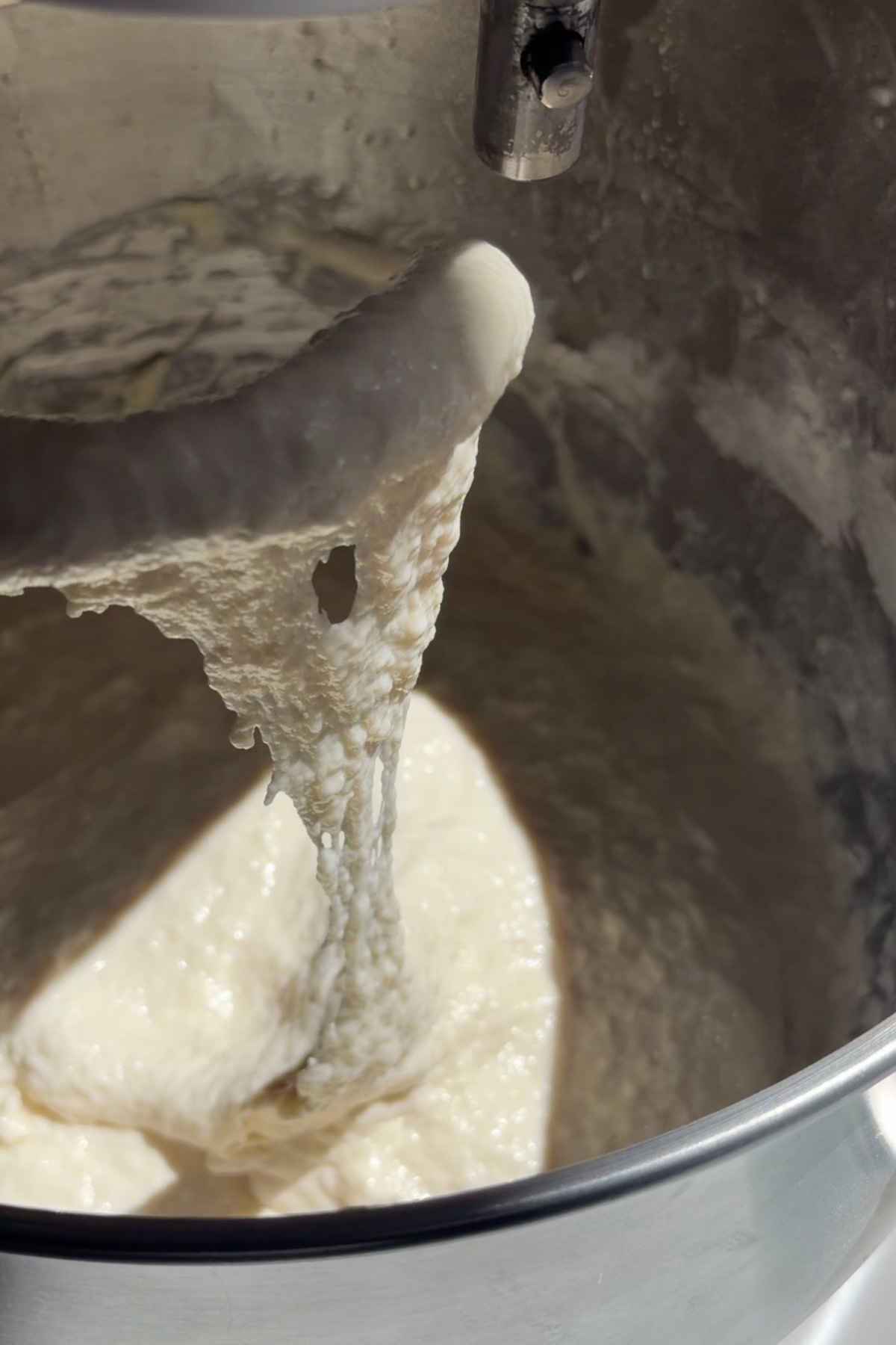 Picture of sourdough discard ciabatta dough in a stand mixer bowl with the wet dough being stretched out on the dough hook to show texture.