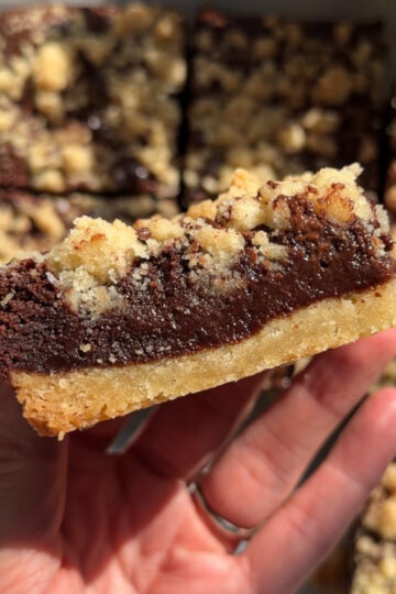 Overhead image of a hand holding a brownie crumb bar showing its layers with more crumb bars laying flat in the background.