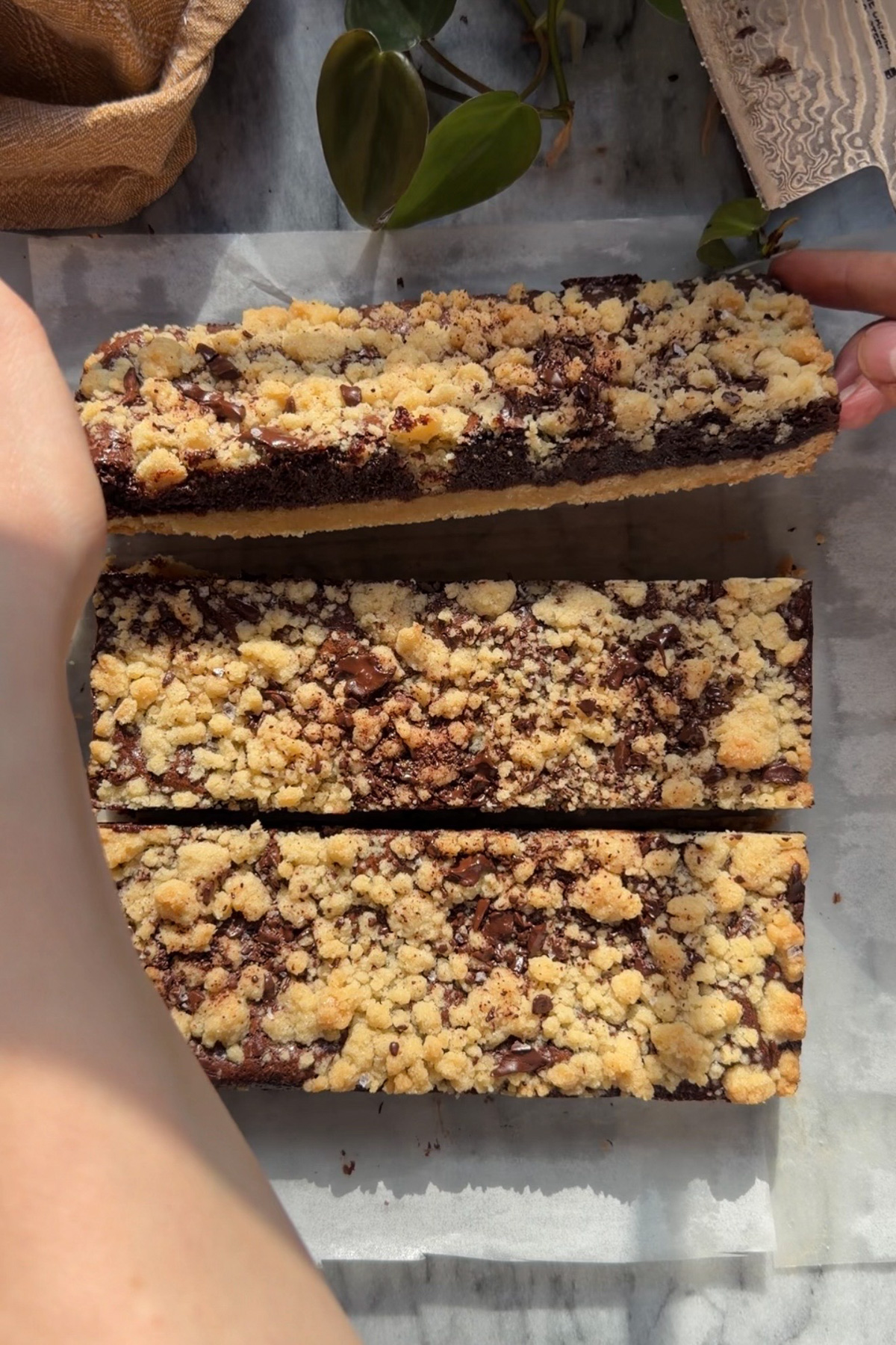 Overhead picture of a hand picking up brownie crumb bars showing the layers with more crumb bars lying flat in the background.