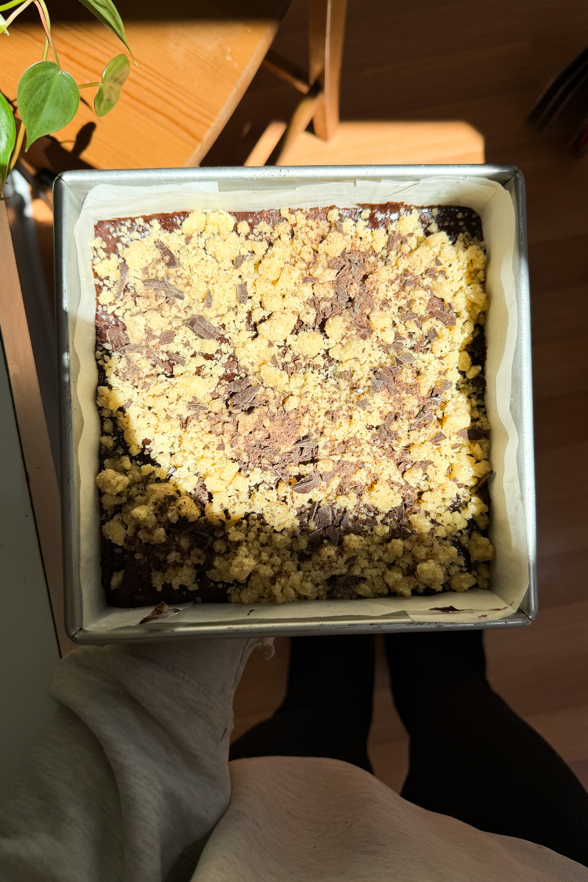 Picture of brownie crumb bars before going in the oven. 