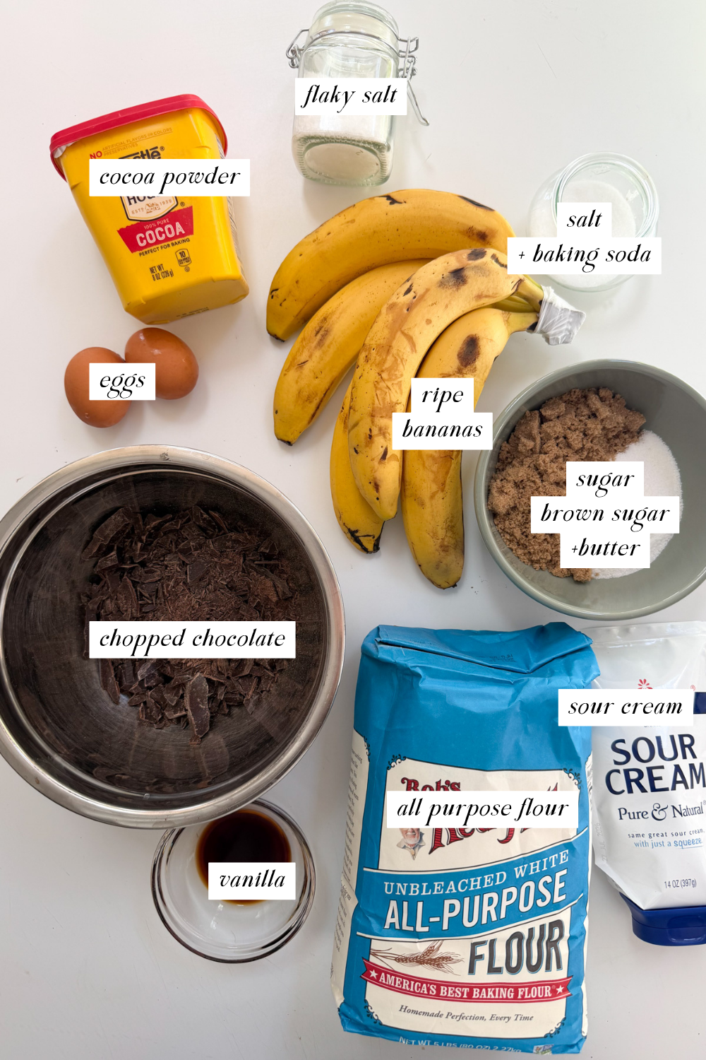 Overhead picture of the ingredients needed to make chocolate chunk banana bread with labels.