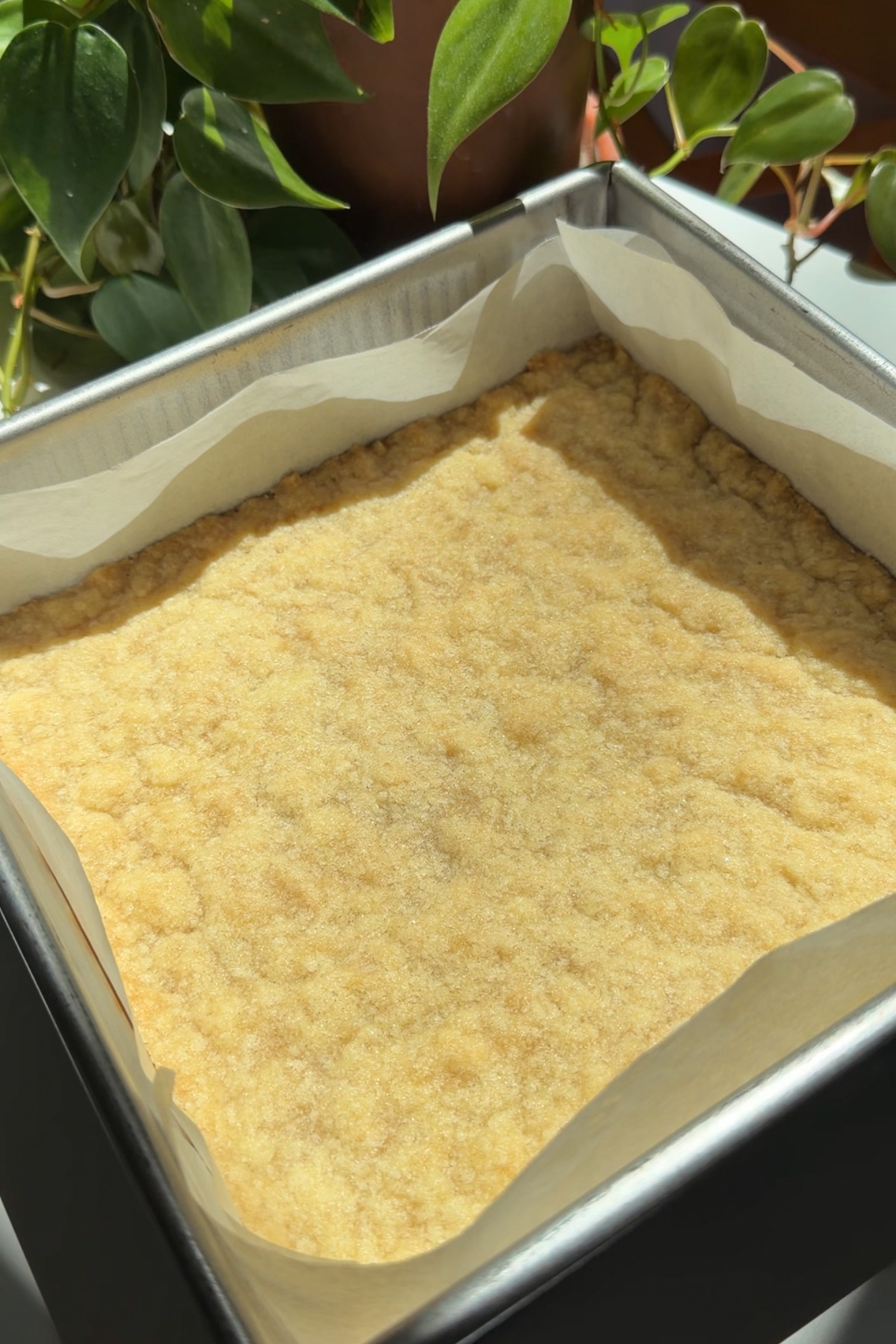 Picture of step 2 of the instructions for lemon crumb bars, showing the crust after being par-baked in an 8x8 lined pan. 