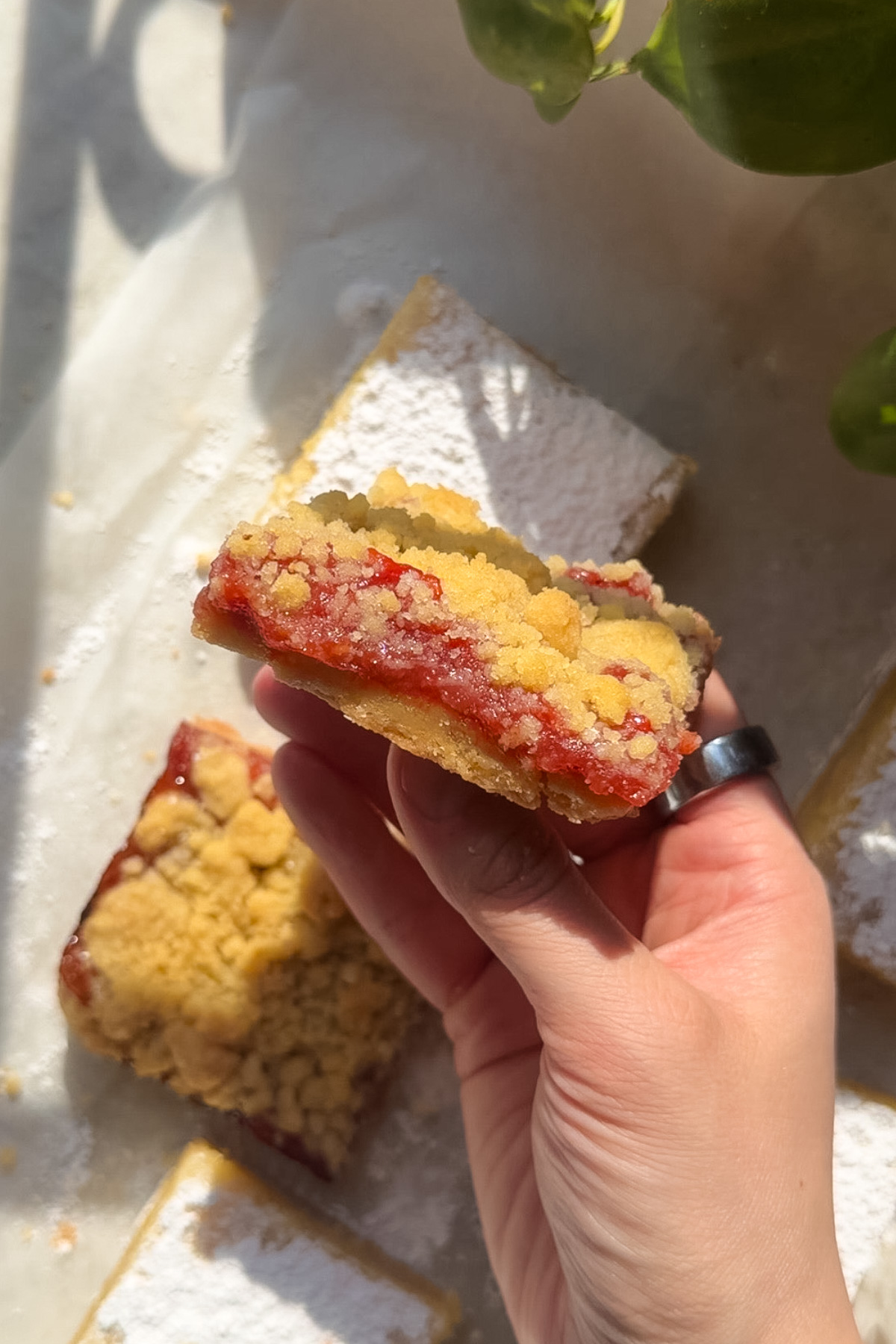 A hand holding strawberry rhubarb crumb bars, showing the layers of crust and jam with more crumb bars lying flat in the background.