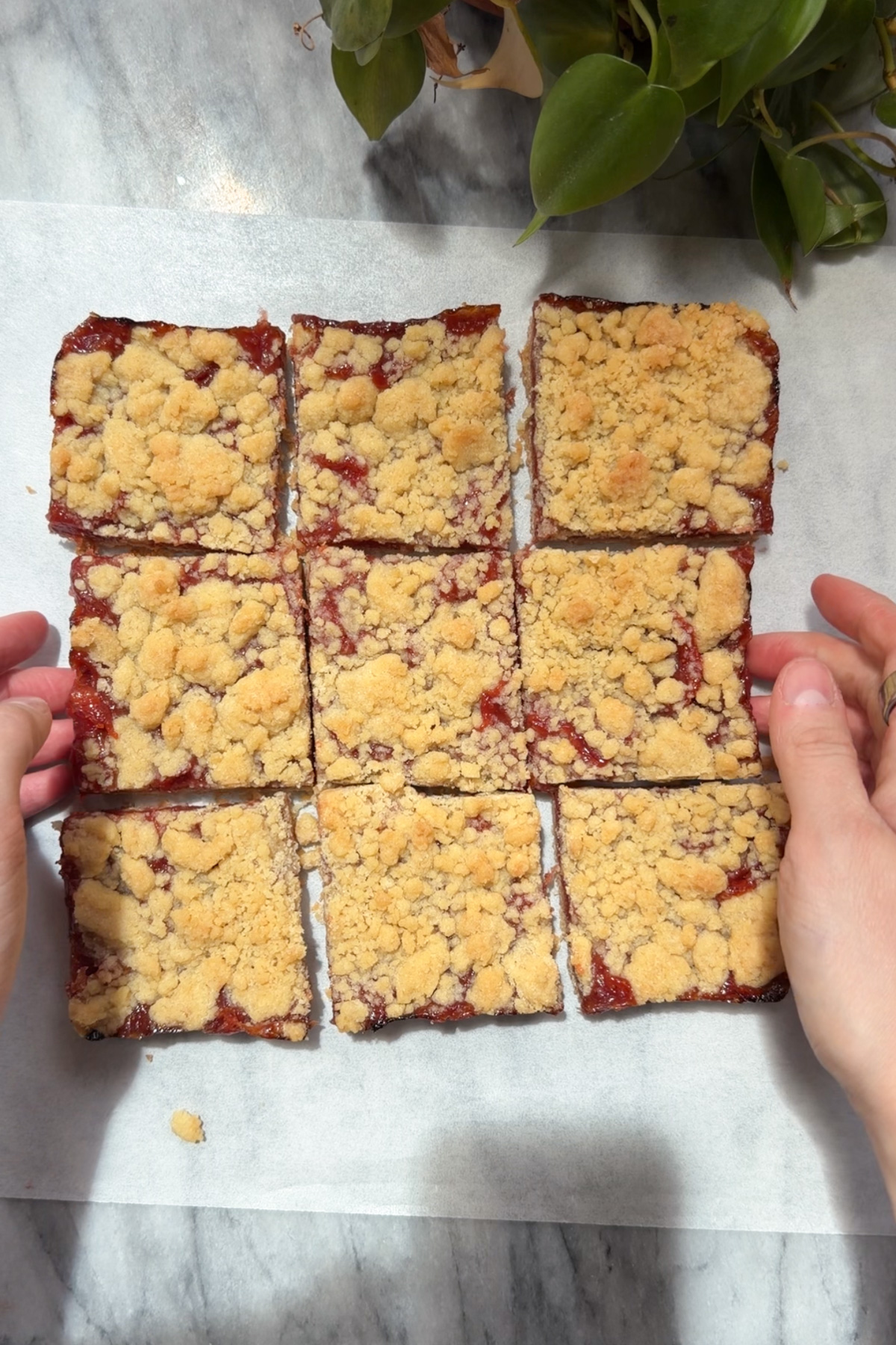 Step 4 of the instructions for strawberry rhubarb crumb bars. Bake and cool before cutting into squares.