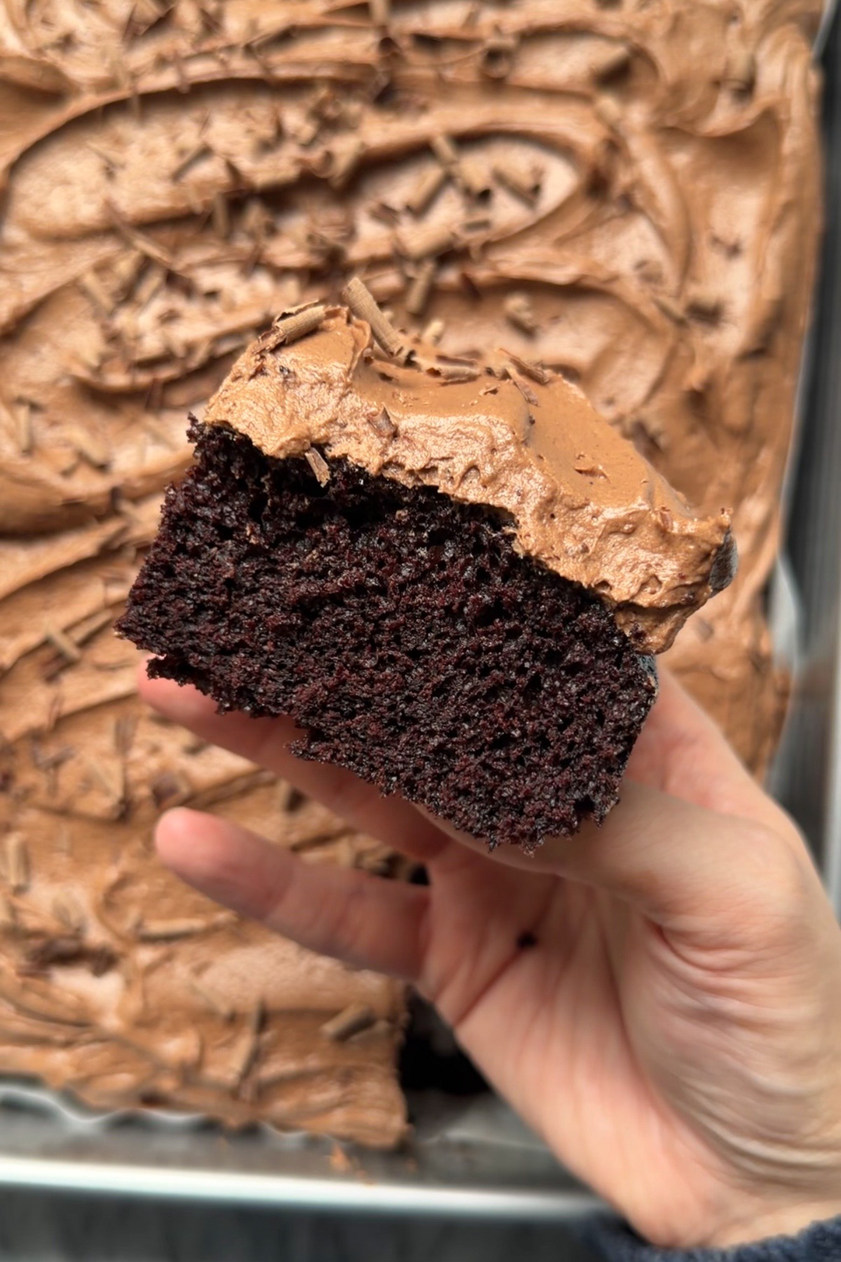 A hand holding a slice of chocolate cream cheese sheet cake to show the texture, with the remaining cake lying flat in the background.