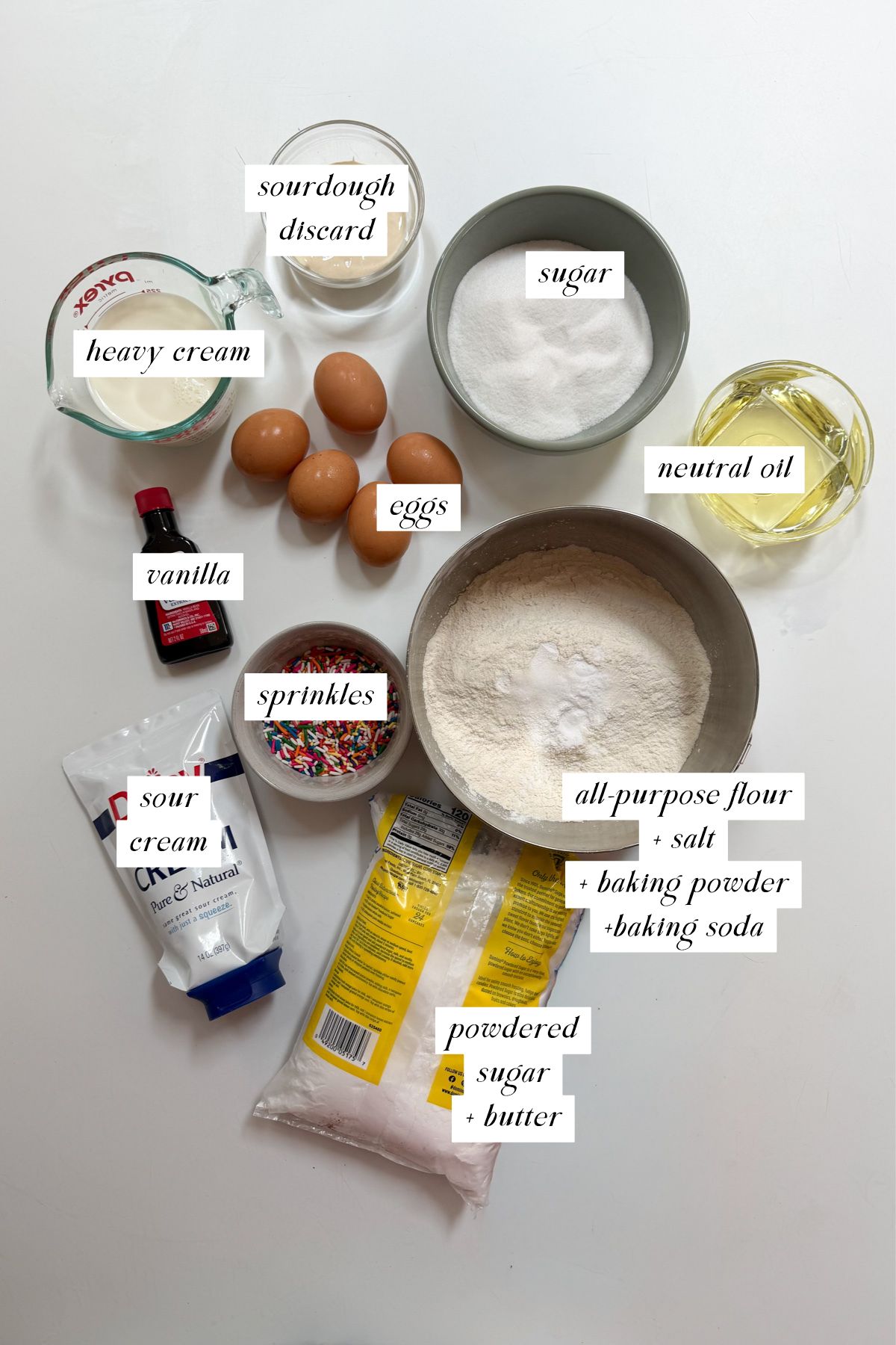 Ingredients for sourdough discard funfetti birthday cake with sprinkles.