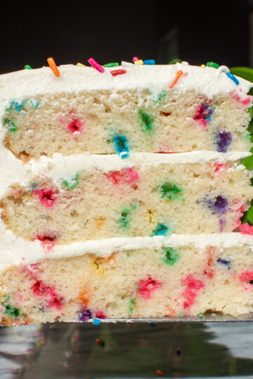 Picture of a slice of sourdough discard funfetti cake.