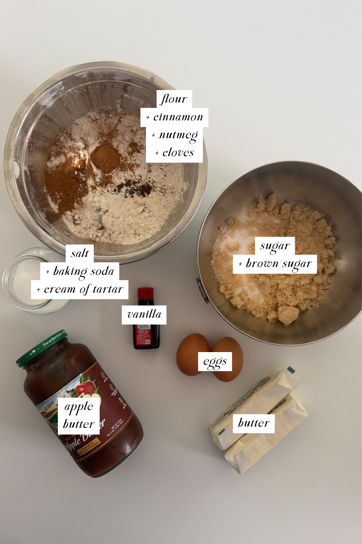 The ingredients needed for apple butter snickerdoodle cookies with labels.