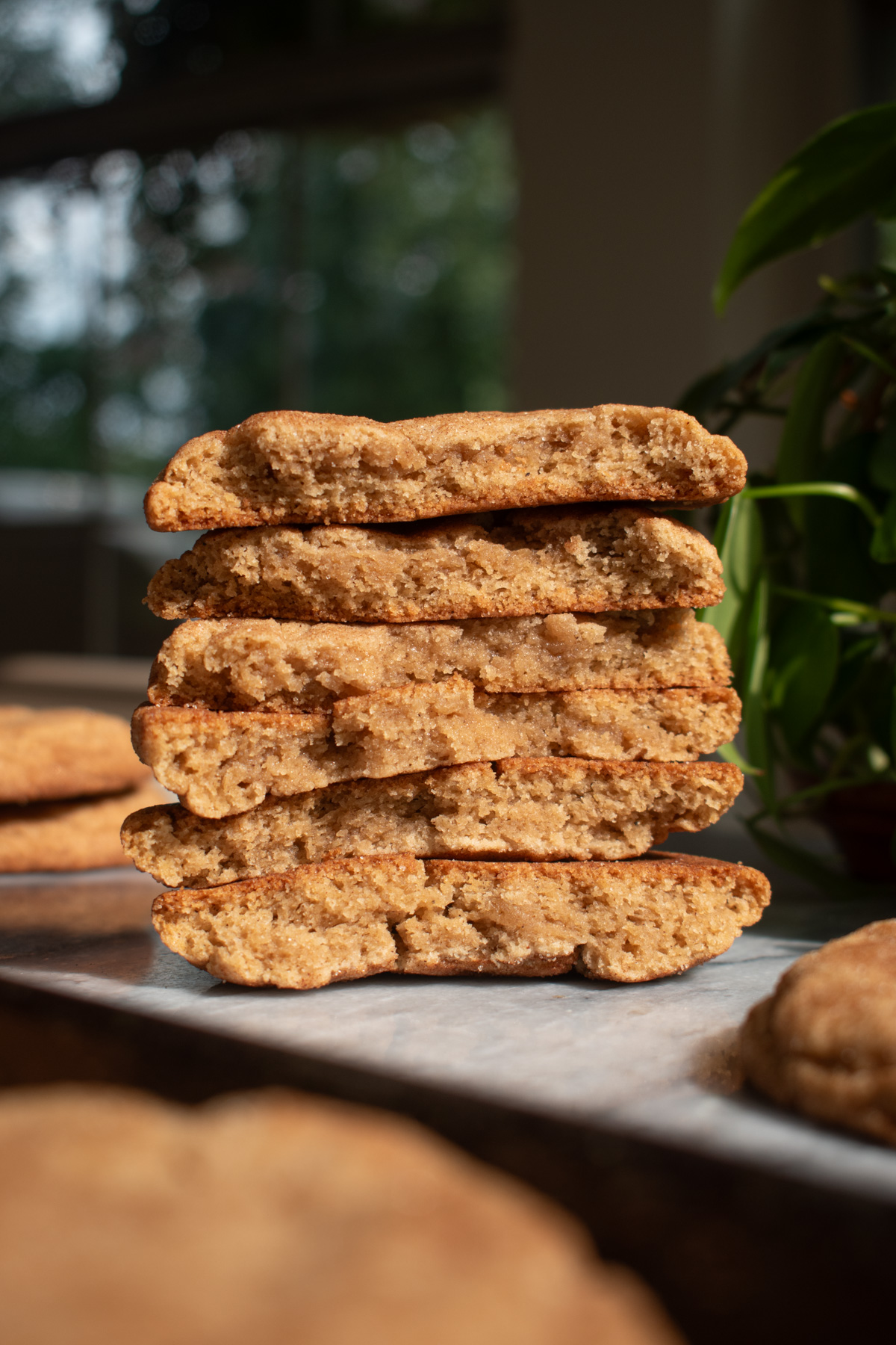 Three apple butter snickerdoodle cookies stacked on top of each other to show the chewy texture with a plant and window in the background.