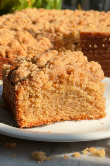 A slice of applesauce crumb cake on a white plate.