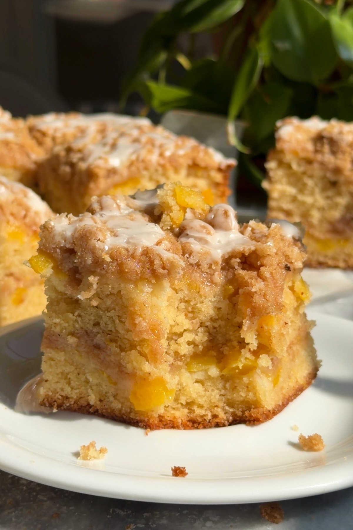 A slice of brown butter peach coffee cake on a white plate to show the layers of cinnamon streusel and peaches.