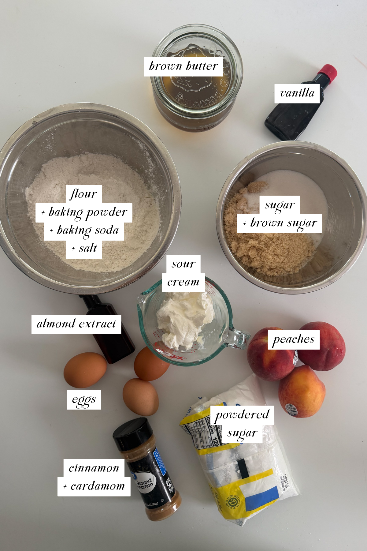 The ingredients needed for brown butter peach coffee cake with labels.