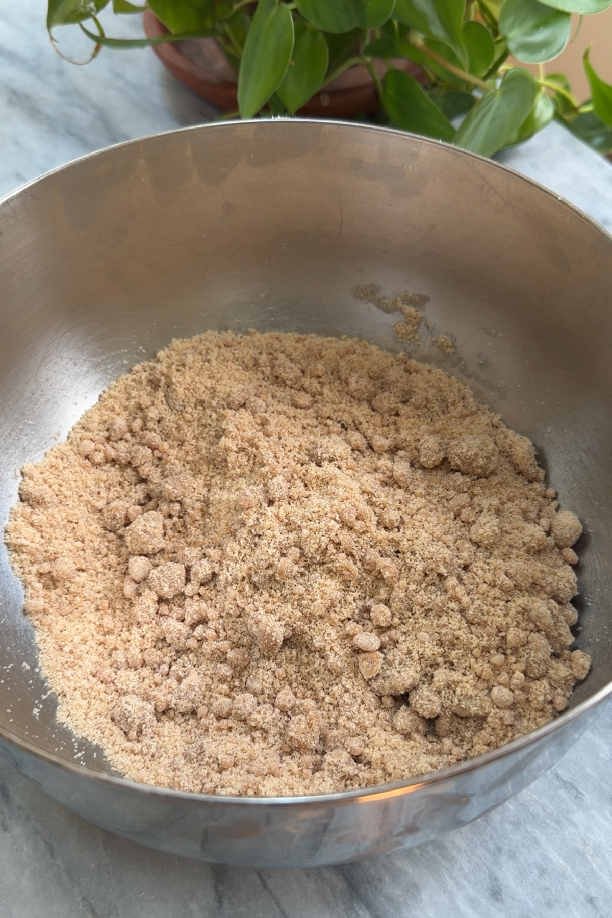 Cinnamon streusel in a stainless steel mixing bowl before being added to brown butter peach coffee cake. 