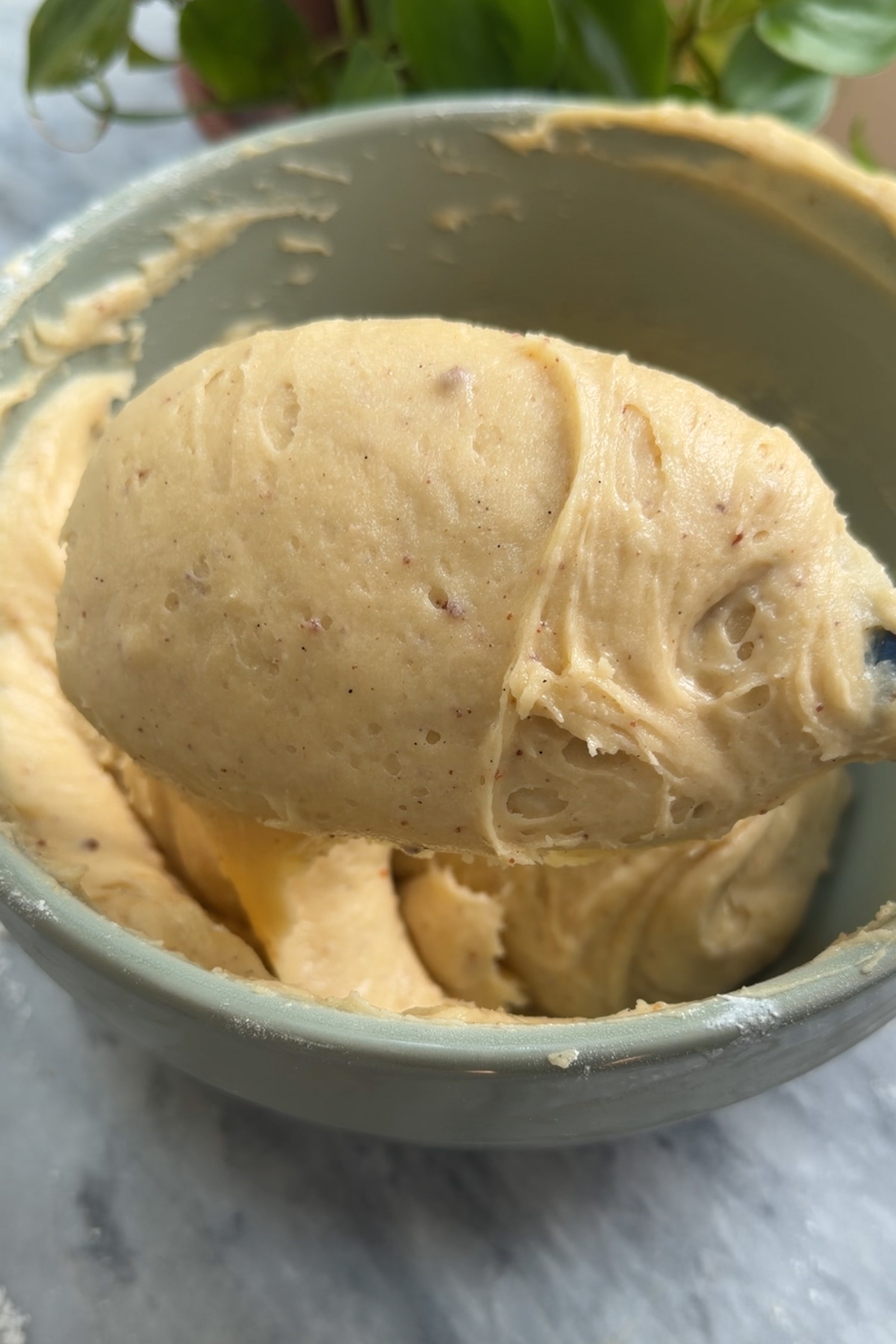 Batter in a mixing bowl before being assembled into brown butter peach coffee cake. 