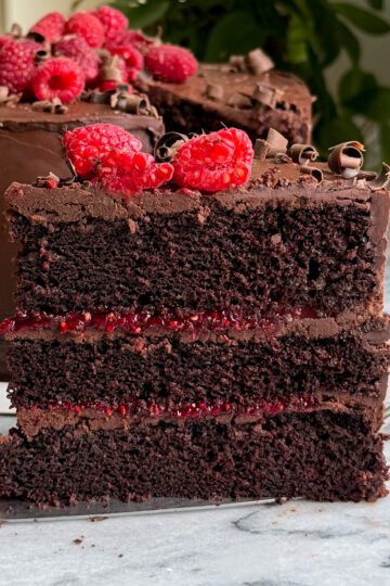 A slice of dark chocolate and raspberry cake with chocolate ganache frosting and raspberry compote between the layers. The cake is topped with chocolate curls and fresh raspberries.