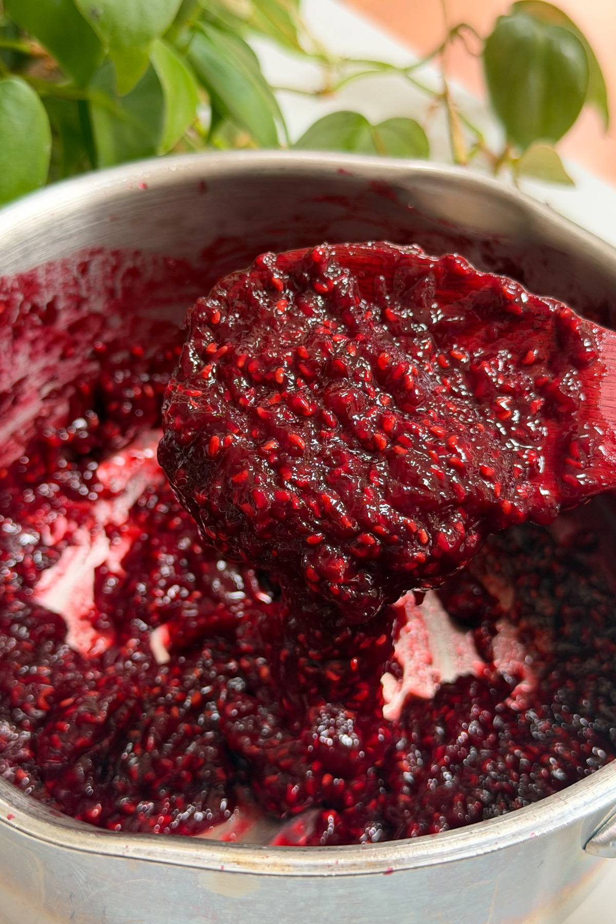 Raspberry compote on a wooden spoon to show texture before being added to a dark chocolate raspberry layer cake.