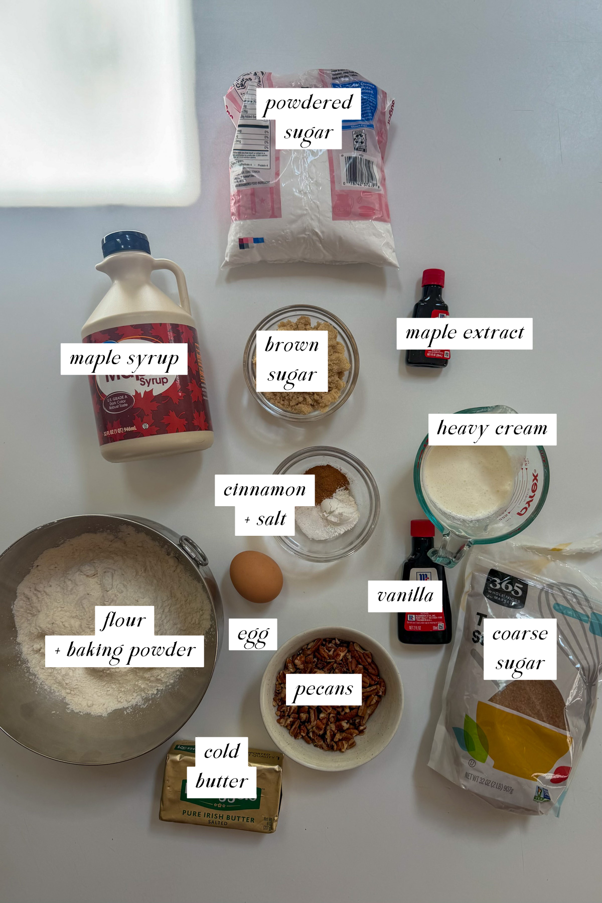 The ingredients needed for maple pecan scones with labels.