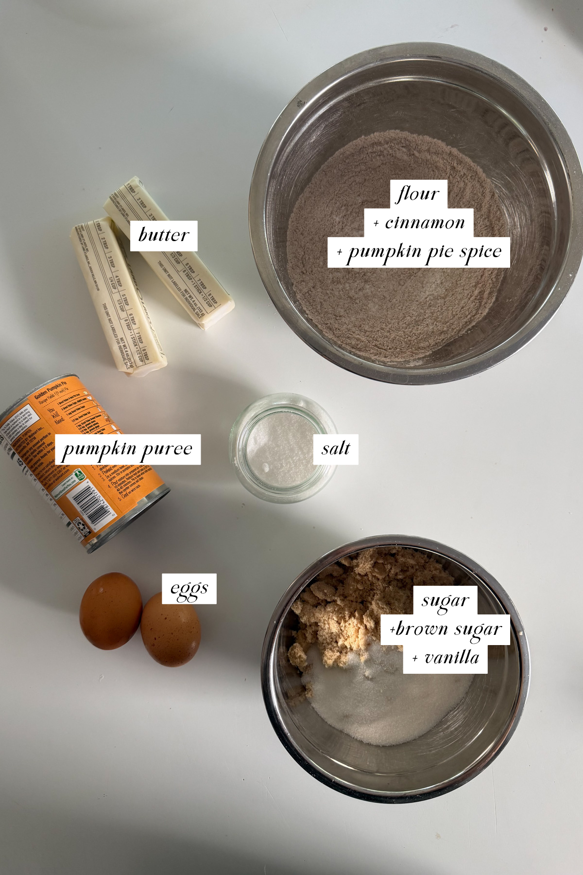 The ingredients needed for pumpkin blondies with labels.