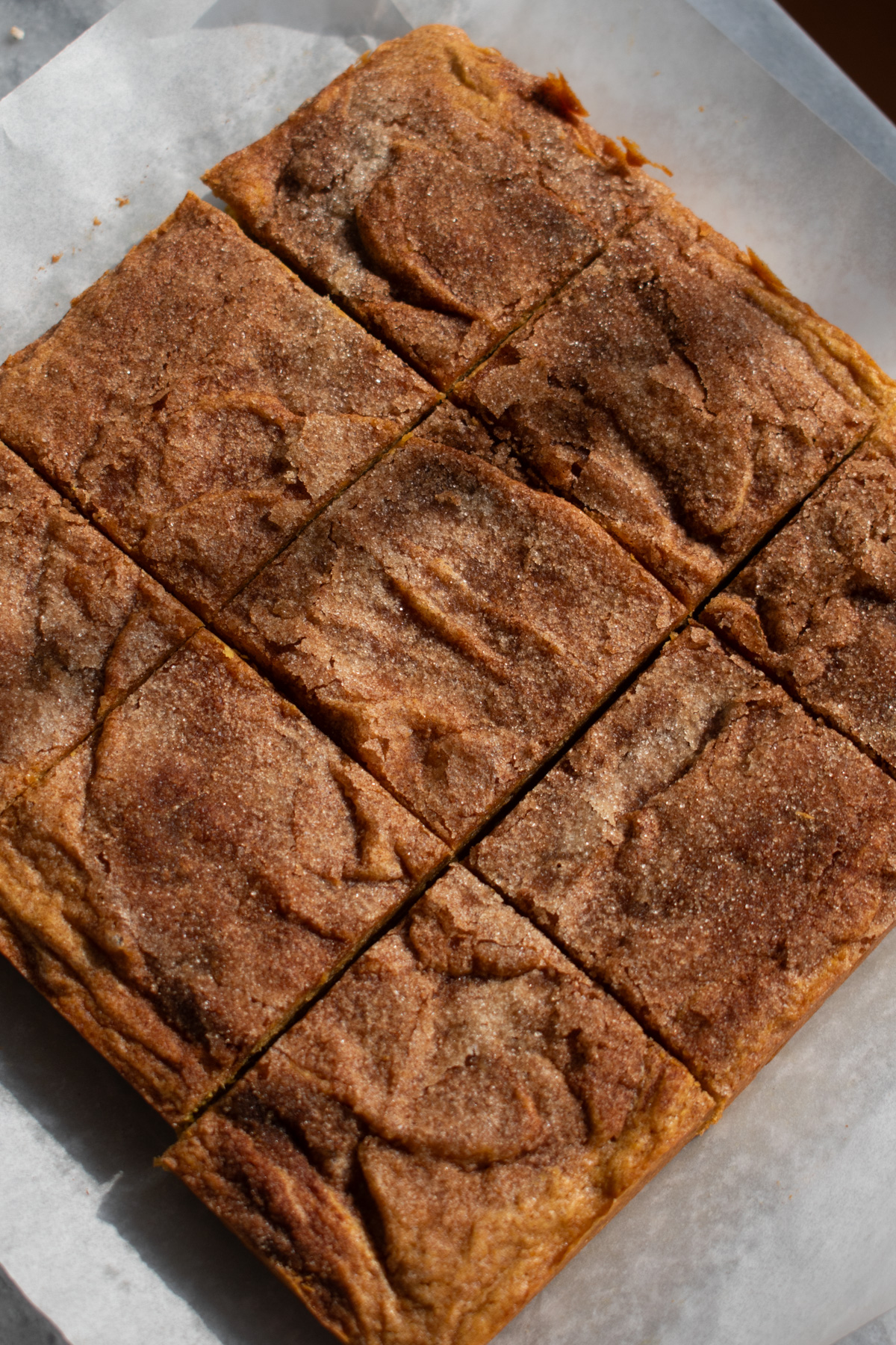 Crinkly-top cinnamon sugar pumpkin blondies cut into 9 squares on a parchment lined countertop.