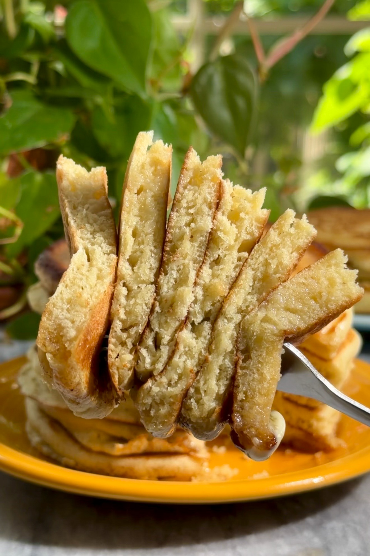 A fork holding up a bite of pancakes with six slices to show the fluffy texture.