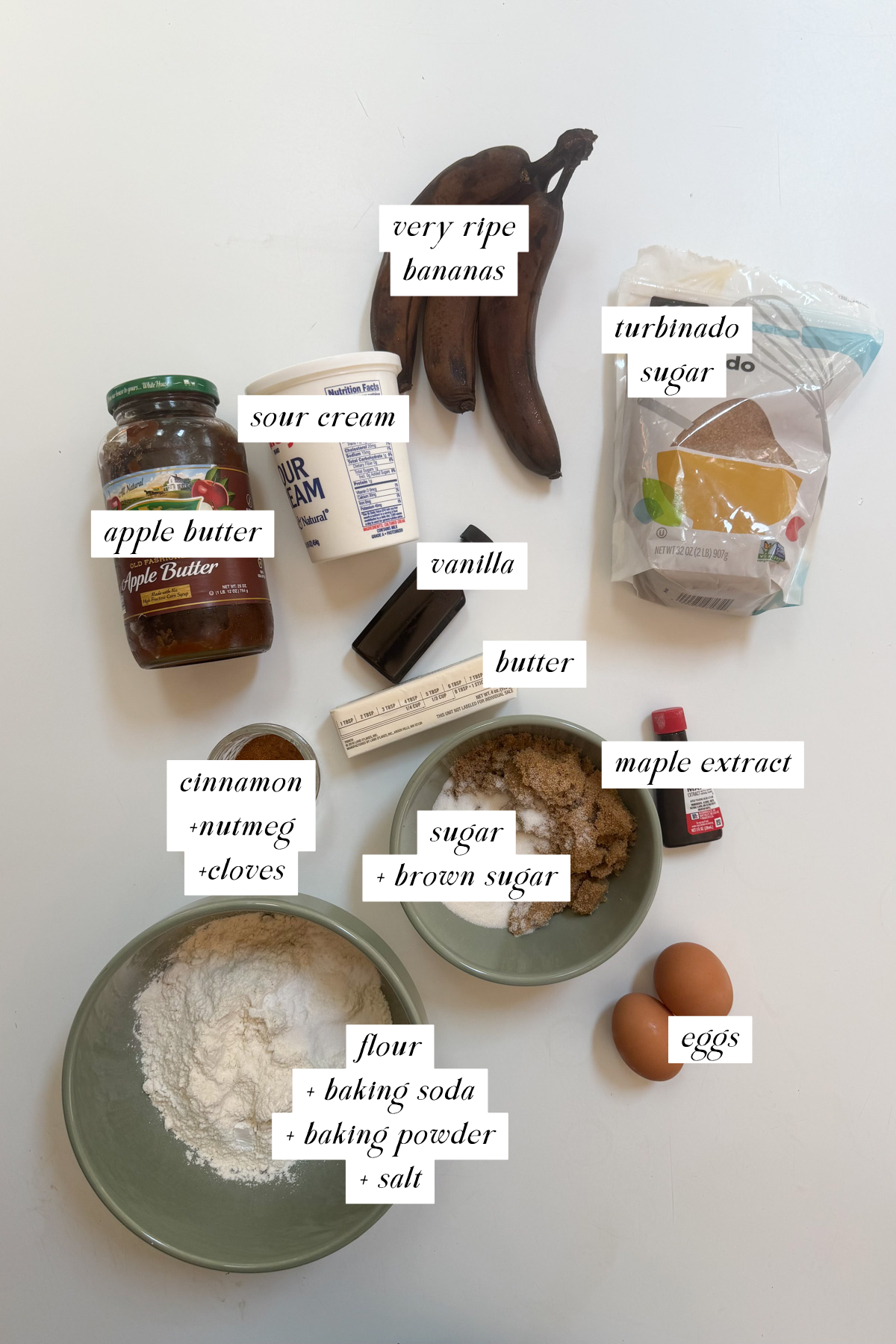The ingredients needed for apple butter banana bread with labels.