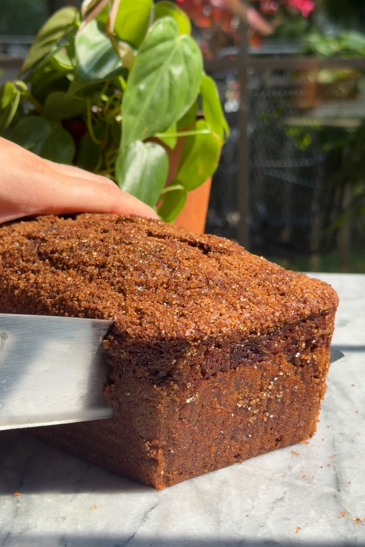 A finished banana bread loaf being sliced with a knife on a marble countertop with a plant and window behind it.