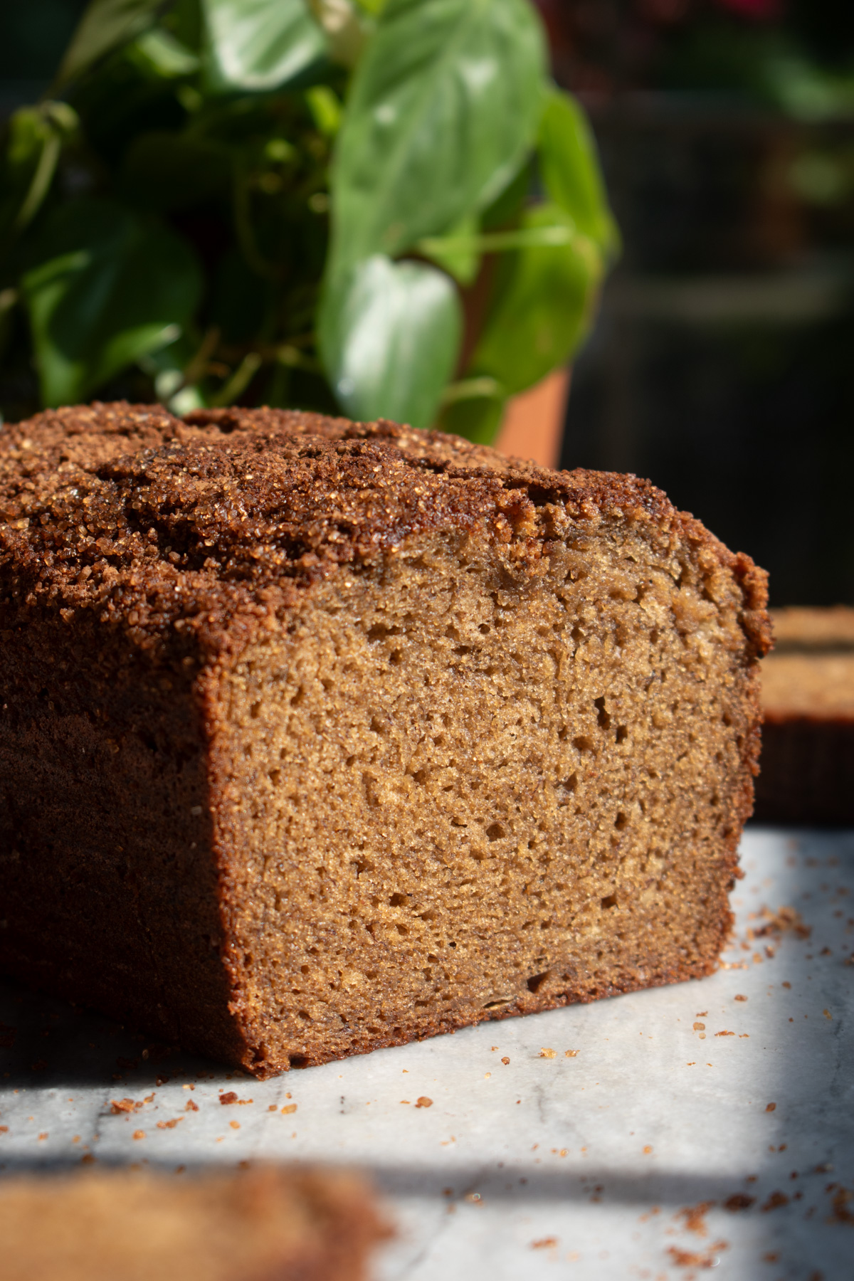 Apple butter banana bread on a marble countertop with one slice removed so you can see the soft, tight crumb.