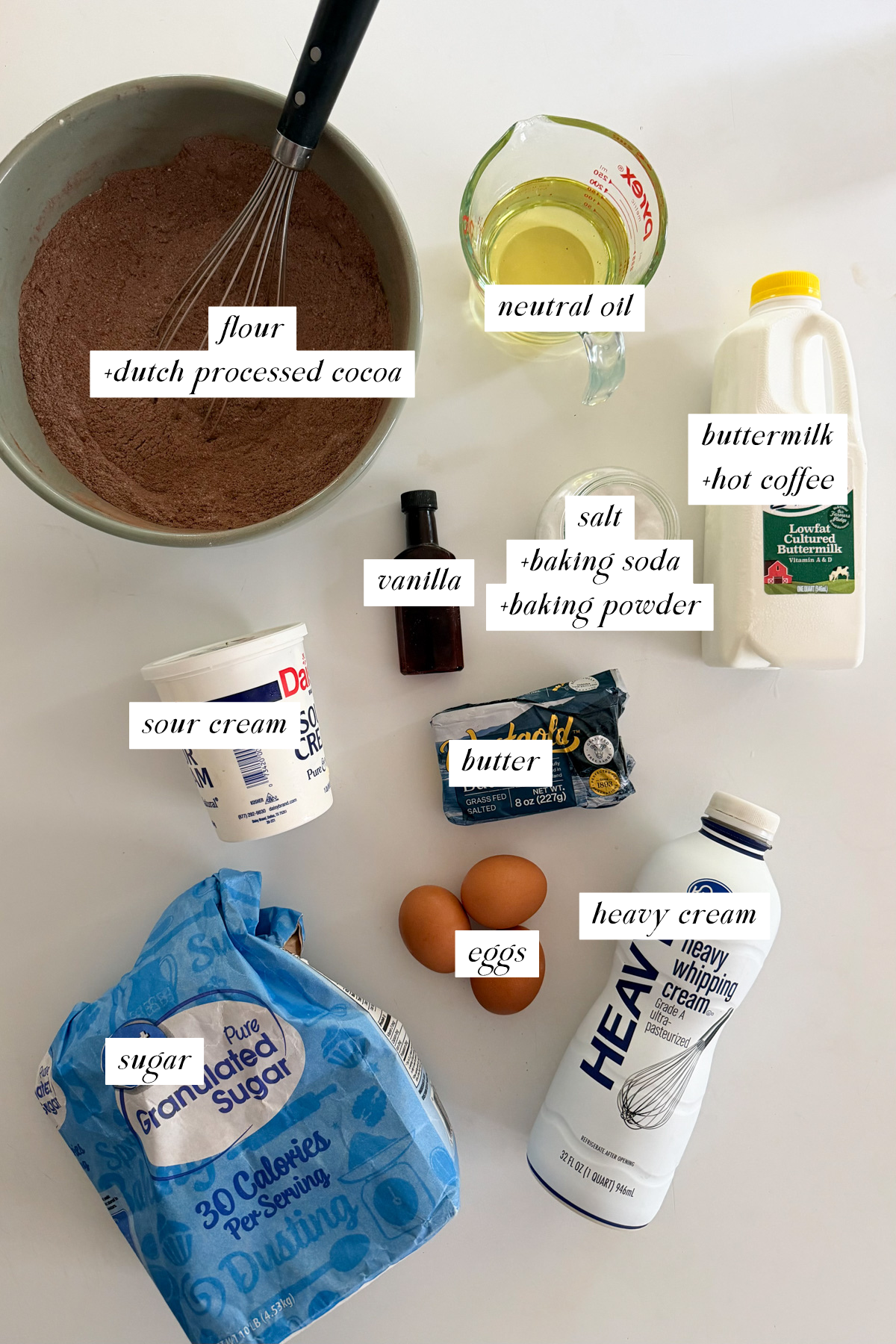 The ingredients needed for Matilda's Chocolate Cake with labels.