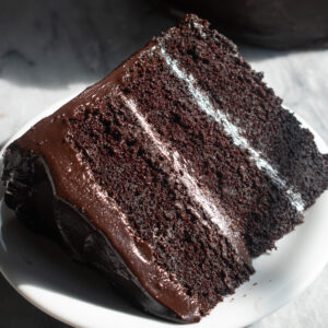 A slice of fudgy chocolate Matilda cake on a while plate.