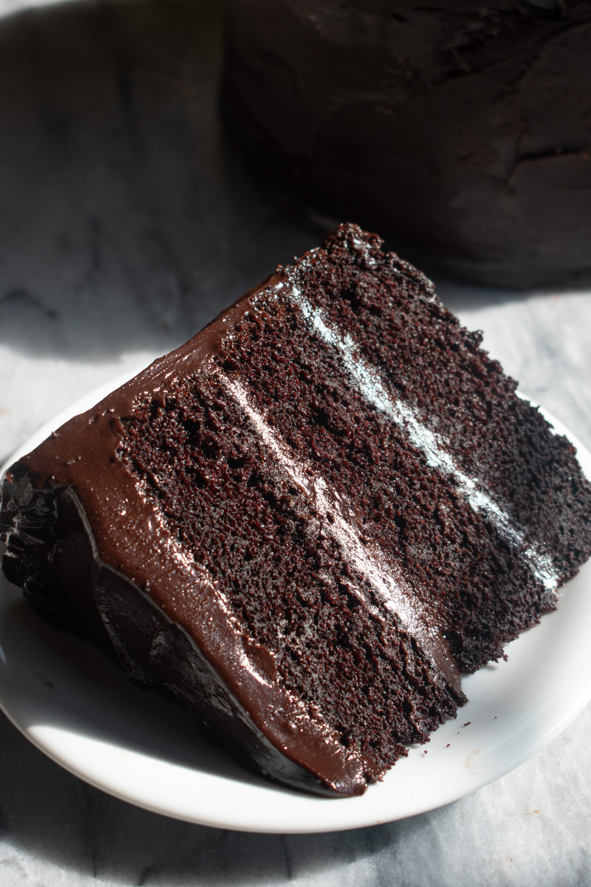 A slice of rich, fudgy Matilda's Chocolate Cake on a white plate to show the layers.
