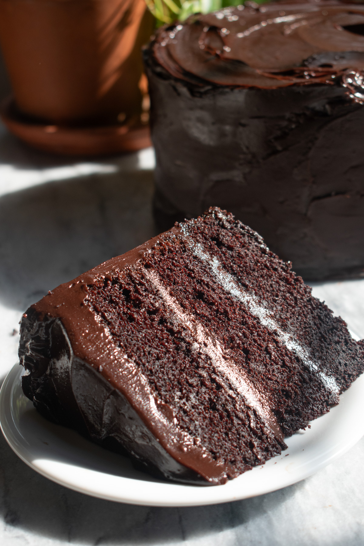 A slice of rich, fudgy Matilda's Chocolate Cake on a white plate to show the layers.