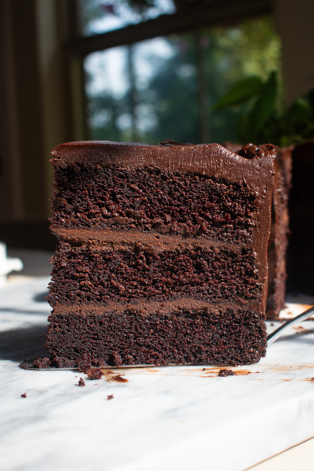 A slice of rich, fudgy Matilda's Chocolate Cake sitting upright on a marble countertop to show the layers.
