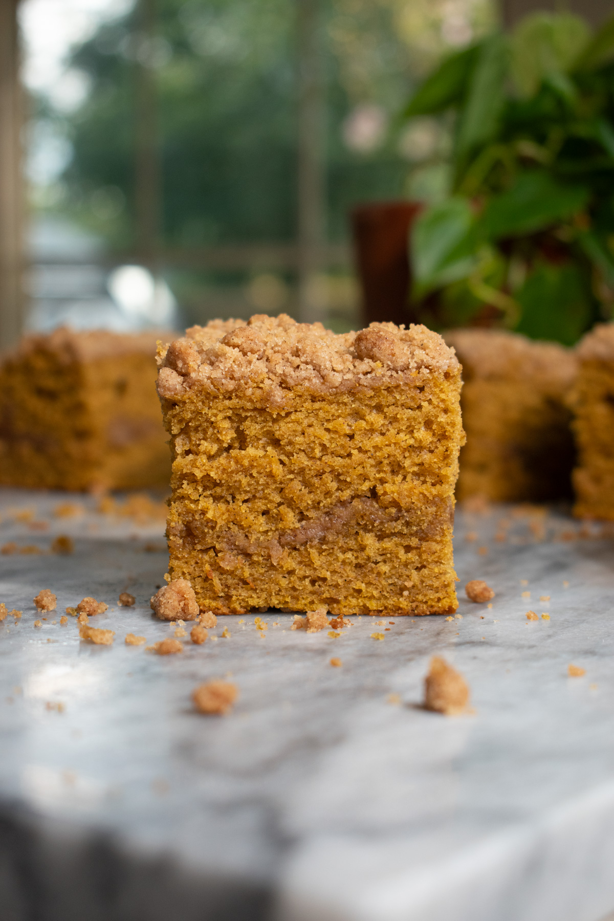 A slice of moist pumpkin coffee cake topped with cinnamon streusel and a layer of streusel in the middle.