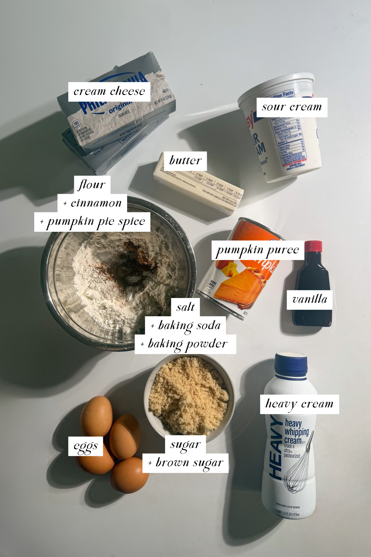 The ingredients you'll need for pumpkin cake cheesecake with labels.
