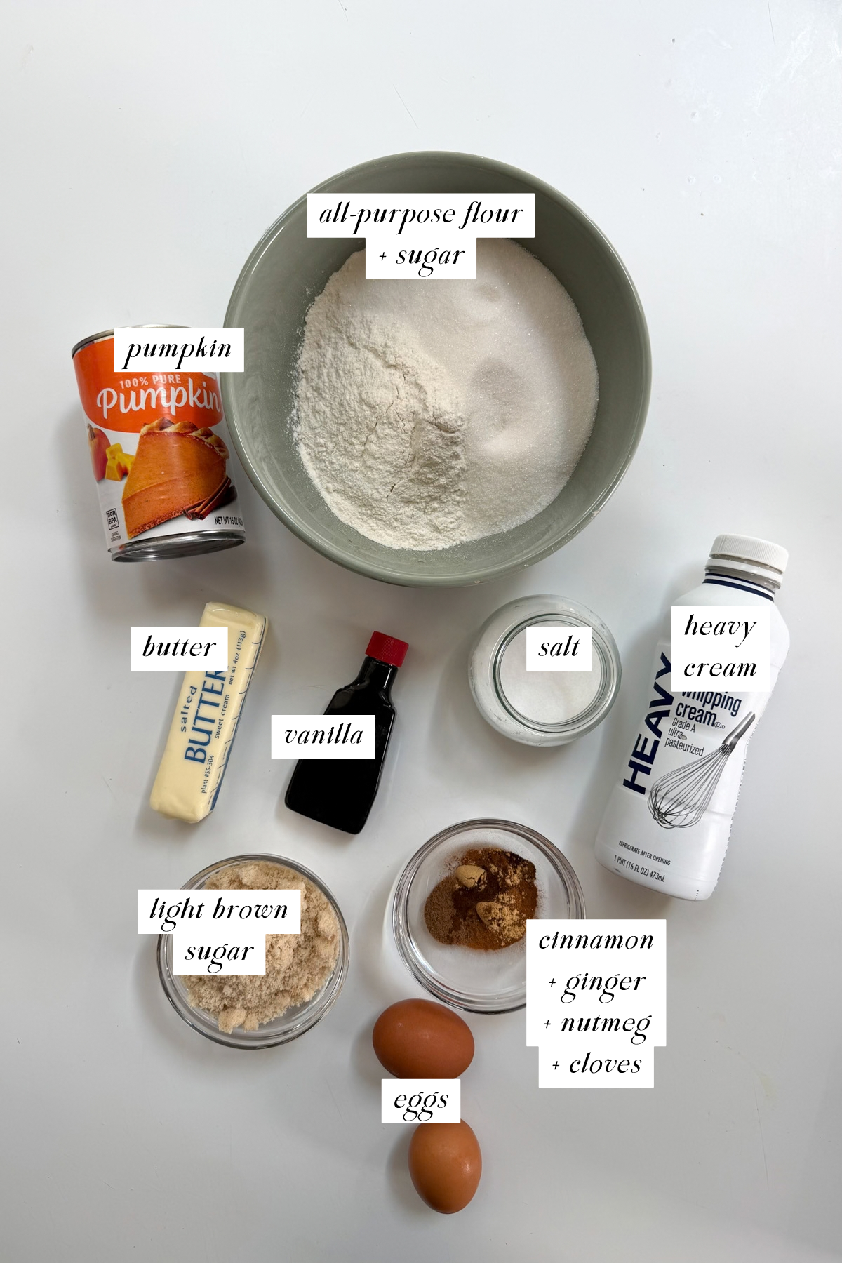 The ingredients needed for pumpkin pie crumb bars with labels.